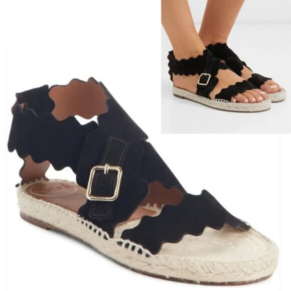 Chloe Lauren Scalloped Black Suede Strap Espadrille Sandals Womens Sz 7 US NWOT - Picture 1 of 11